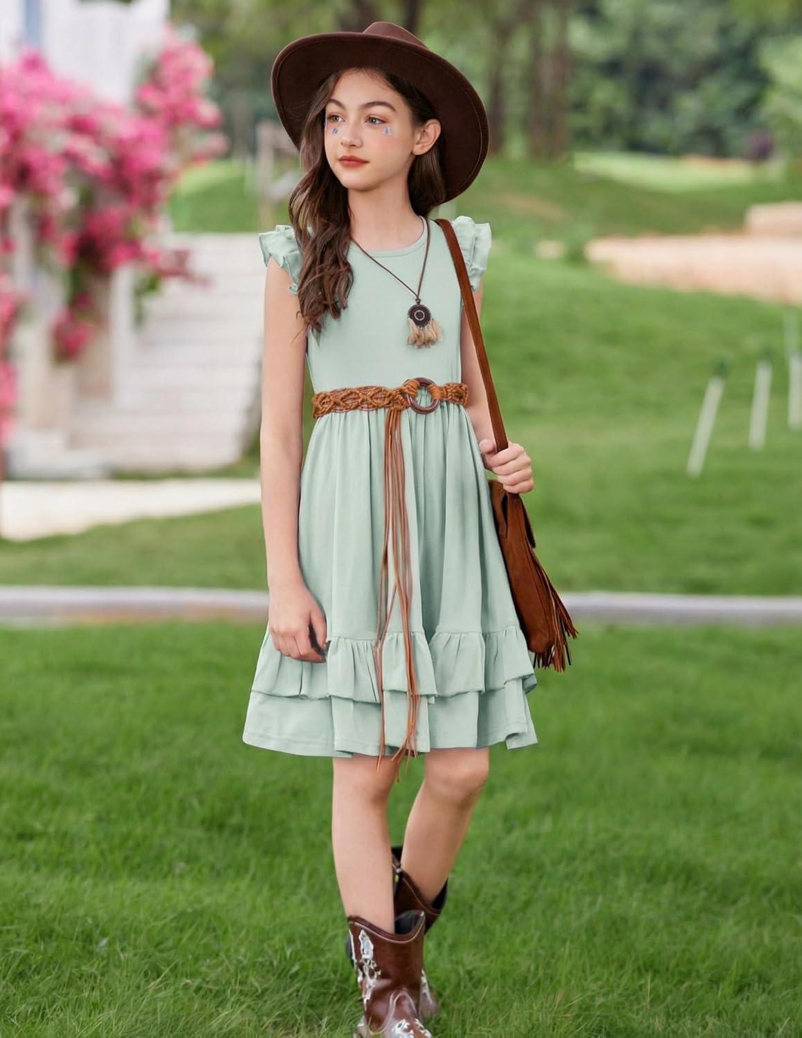image:imageArshiner Girls Dress Tween Boho Flutter Sleeve Tiered A Line Summer Dresses with PocketsLight Green
