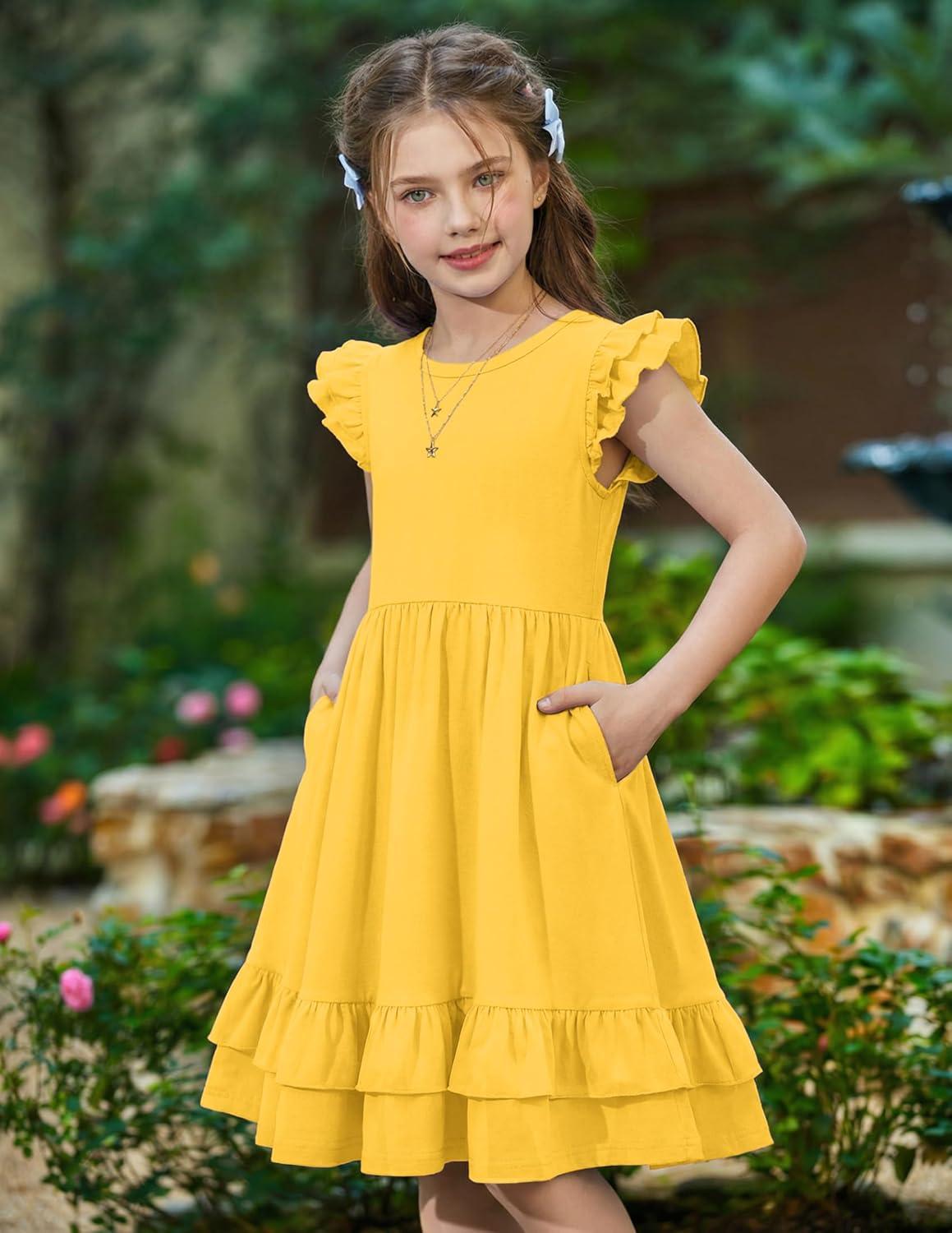 image:imageArshiner Girls Dress Tween Boho Flutter Sleeve Tiered A Line Summer Dresses with PocketsTurmeric