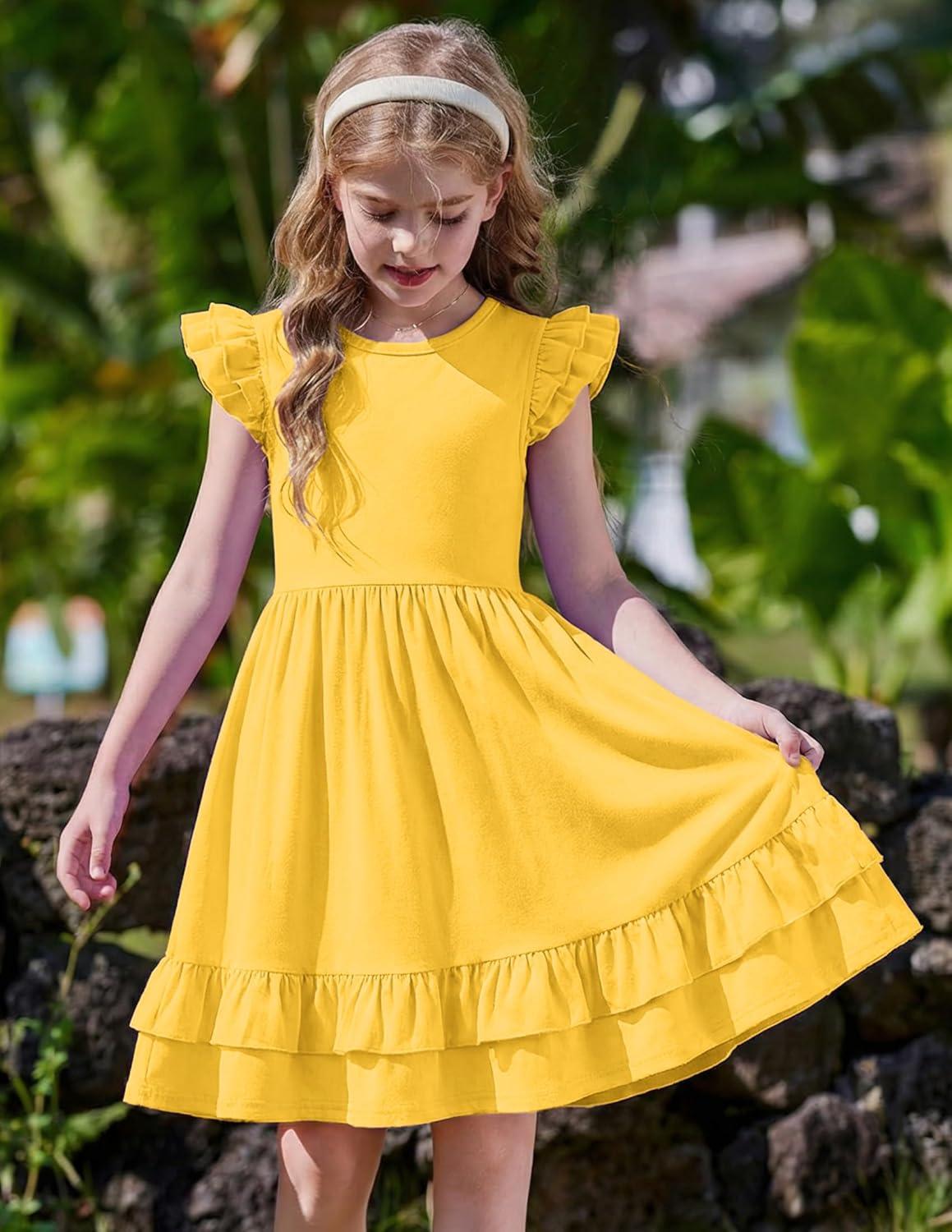 image:imageArshiner Girls Dress Tween Boho Flutter Sleeve Tiered A Line Summer Dresses with PocketsTurmeric