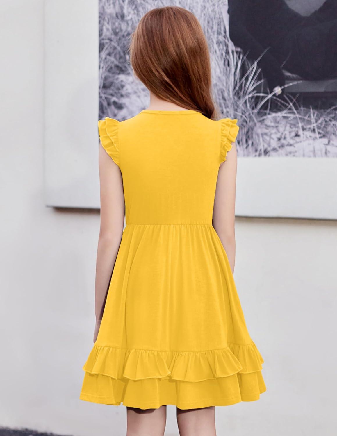 image:imageArshiner Girls Dress Tween Boho Flutter Sleeve Tiered A Line Summer Dresses with PocketsTurmeric