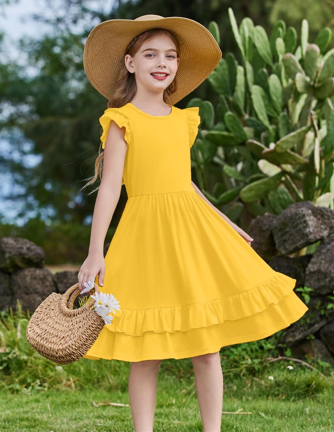 image:imageArshiner Girls Dress Tween Boho Flutter Sleeve Tiered A Line Summer Dresses with PocketsTurmeric
