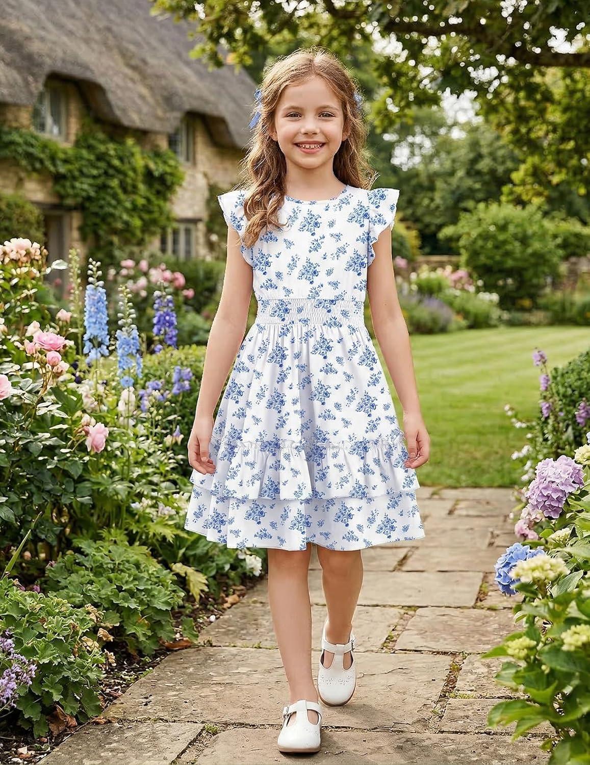 image:imageArshiner Girls Dresses Flutter Sleeve ALine Sundress Casual Summer Tiered Swing Midi Pocket DressBlue Floral
