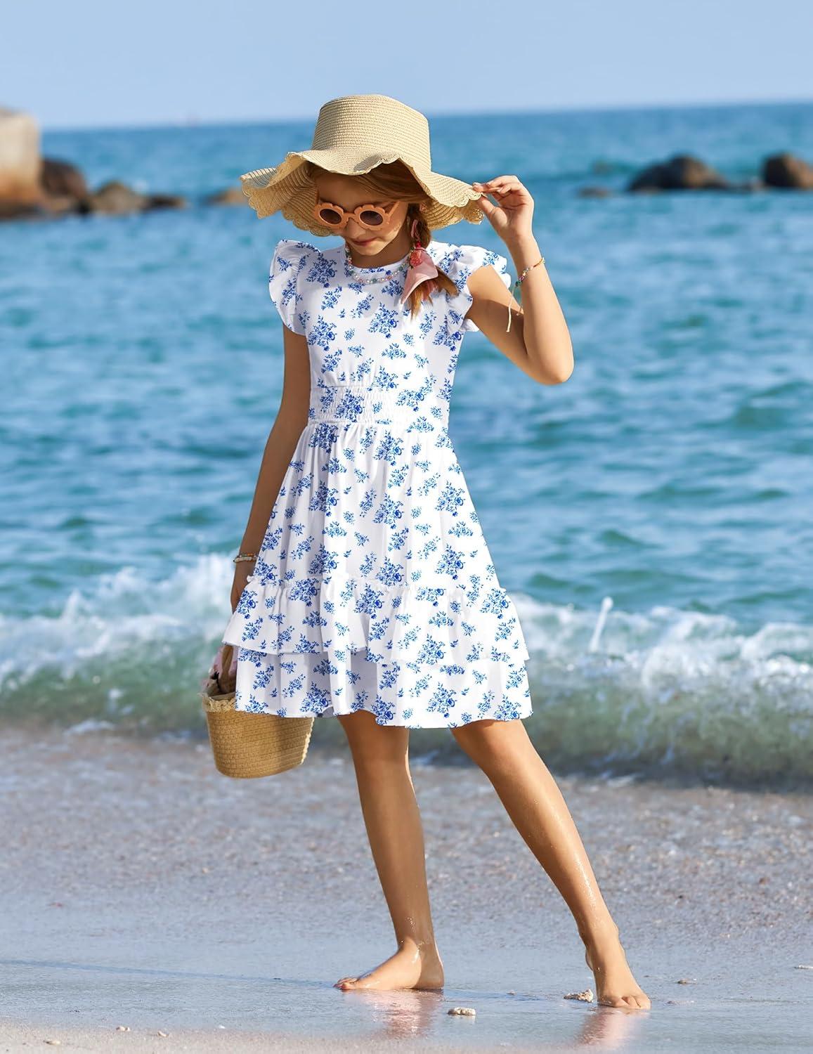 image:imageArshiner Girls Dresses Flutter Sleeve ALine Sundress Casual Summer Tiered Swing Midi Pocket DressBlue Floral
