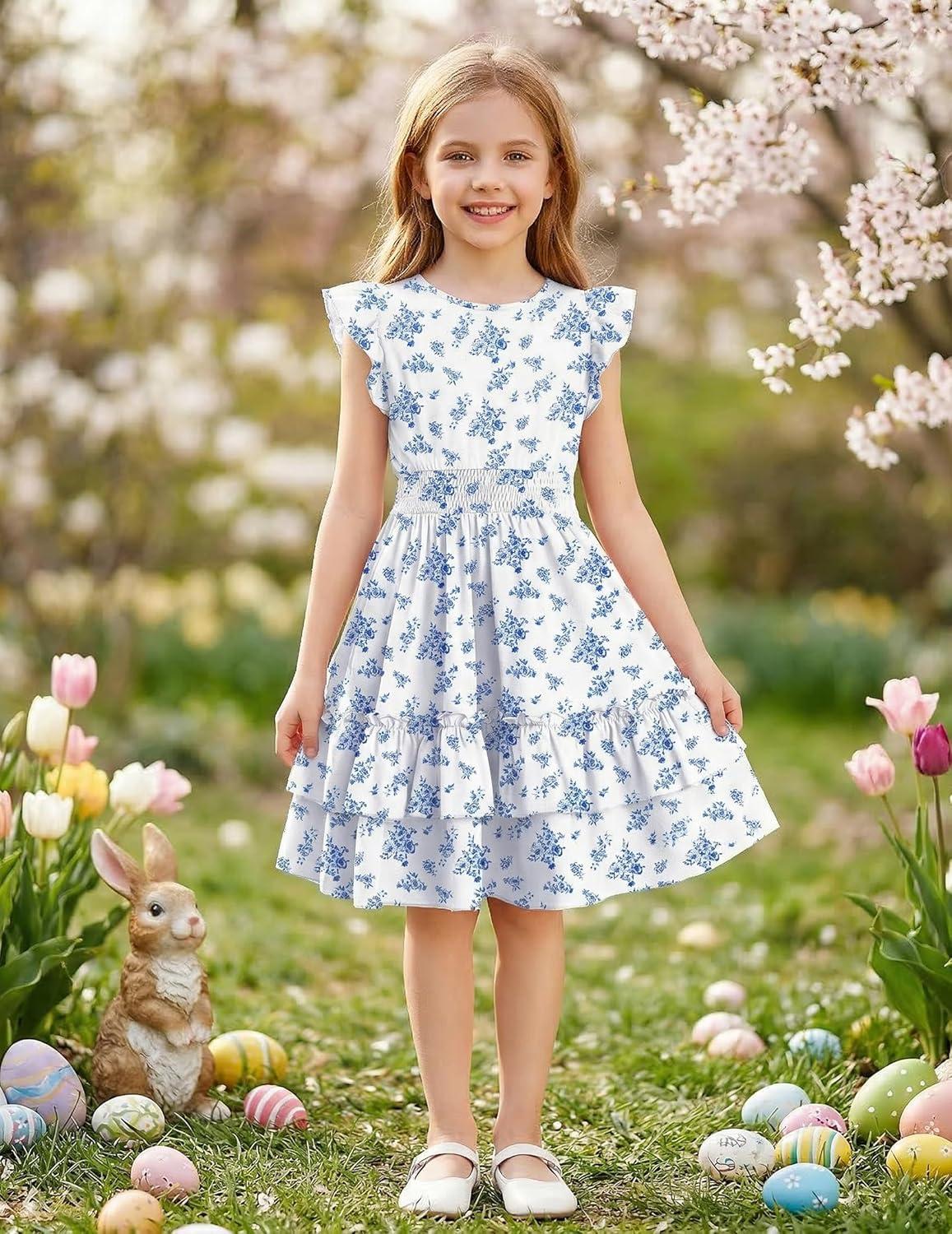 image:imageArshiner Girls Dresses Flutter Sleeve ALine Sundress Casual Summer Tiered Swing Midi Pocket DressBlue Floral