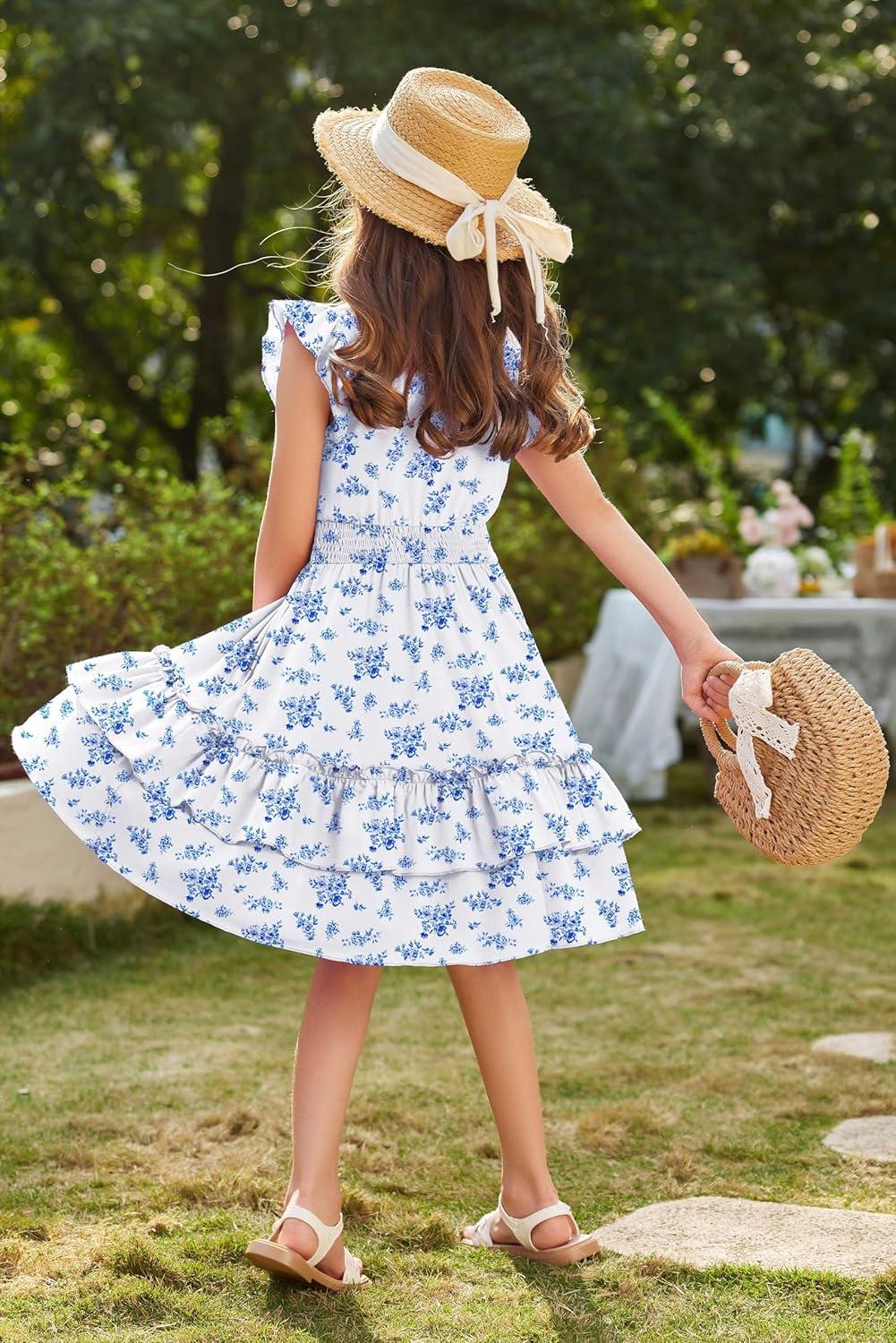 image:imageArshiner Girls Dresses Flutter Sleeve ALine Sundress Casual Summer Tiered Swing Midi Pocket DressBlue Floral