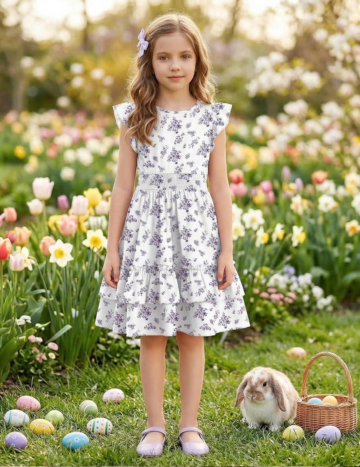 image:imageArshiner Girls Dresses Flutter Sleeve ALine Sundress Casual Summer Tiered Swing Midi Pocket DressPurple Floral