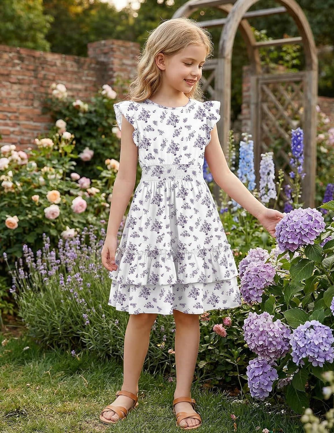image:imageArshiner Girls Dresses Flutter Sleeve ALine Sundress Casual Summer Tiered Swing Midi Pocket DressPurple Floral