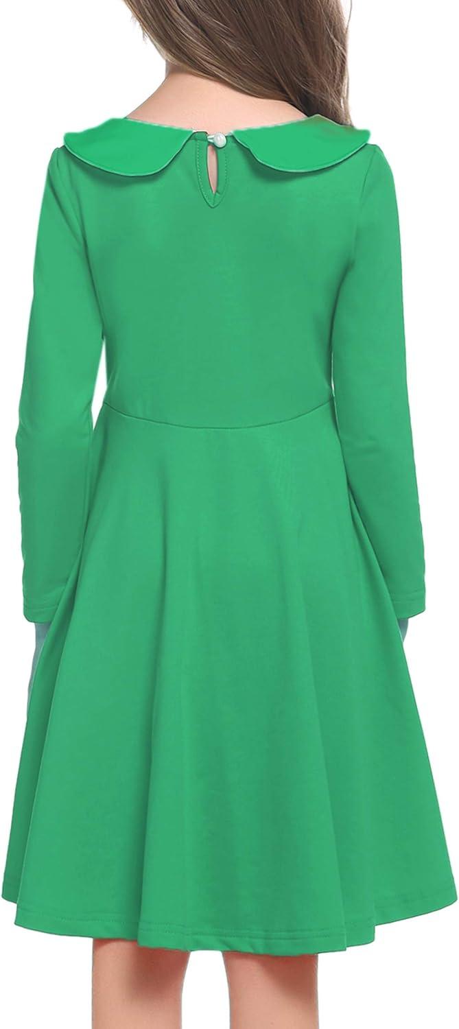 image:imageArshiner Girls Long Sleeve Dress Casual Vintage Peter Pan Collar Swing Party Dress Age 314 YearsGreen