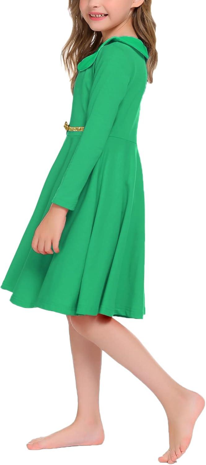 image:imageArshiner Girls Long Sleeve Dress Casual Vintage Peter Pan Collar Swing Party Dress Age 314 YearsGreen
