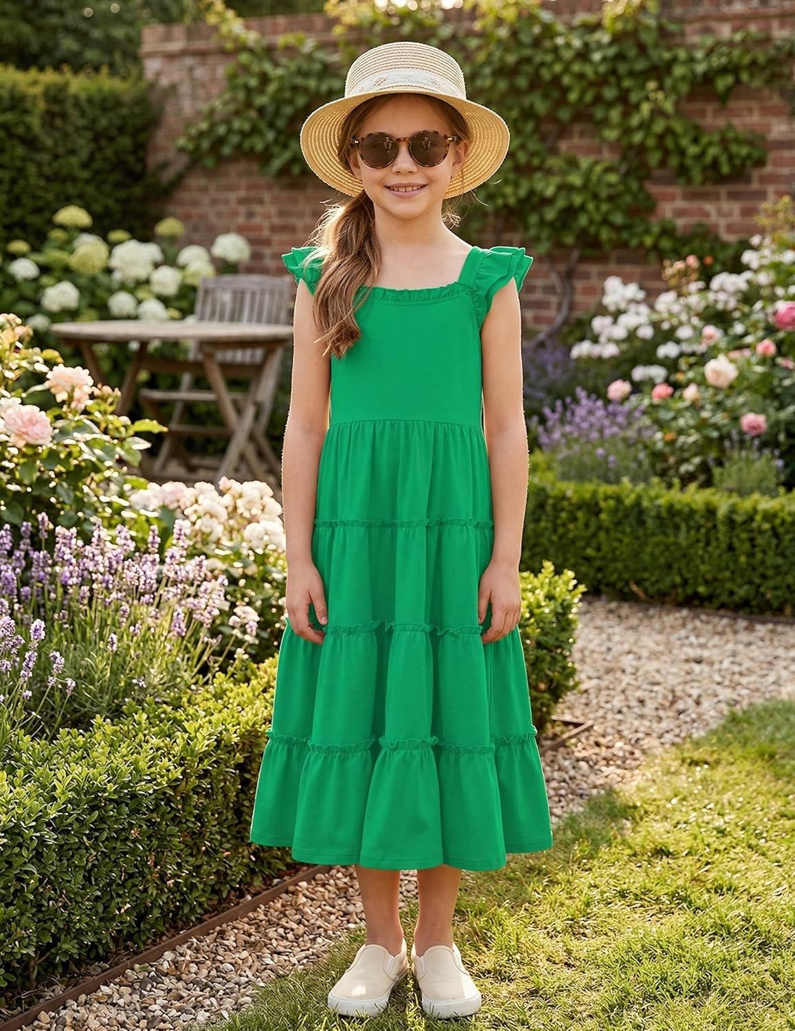 image:imageArshiner Girls Maxi Summer Short Flutter Sleeve Casual Dress with Pockets for 414 YGreen