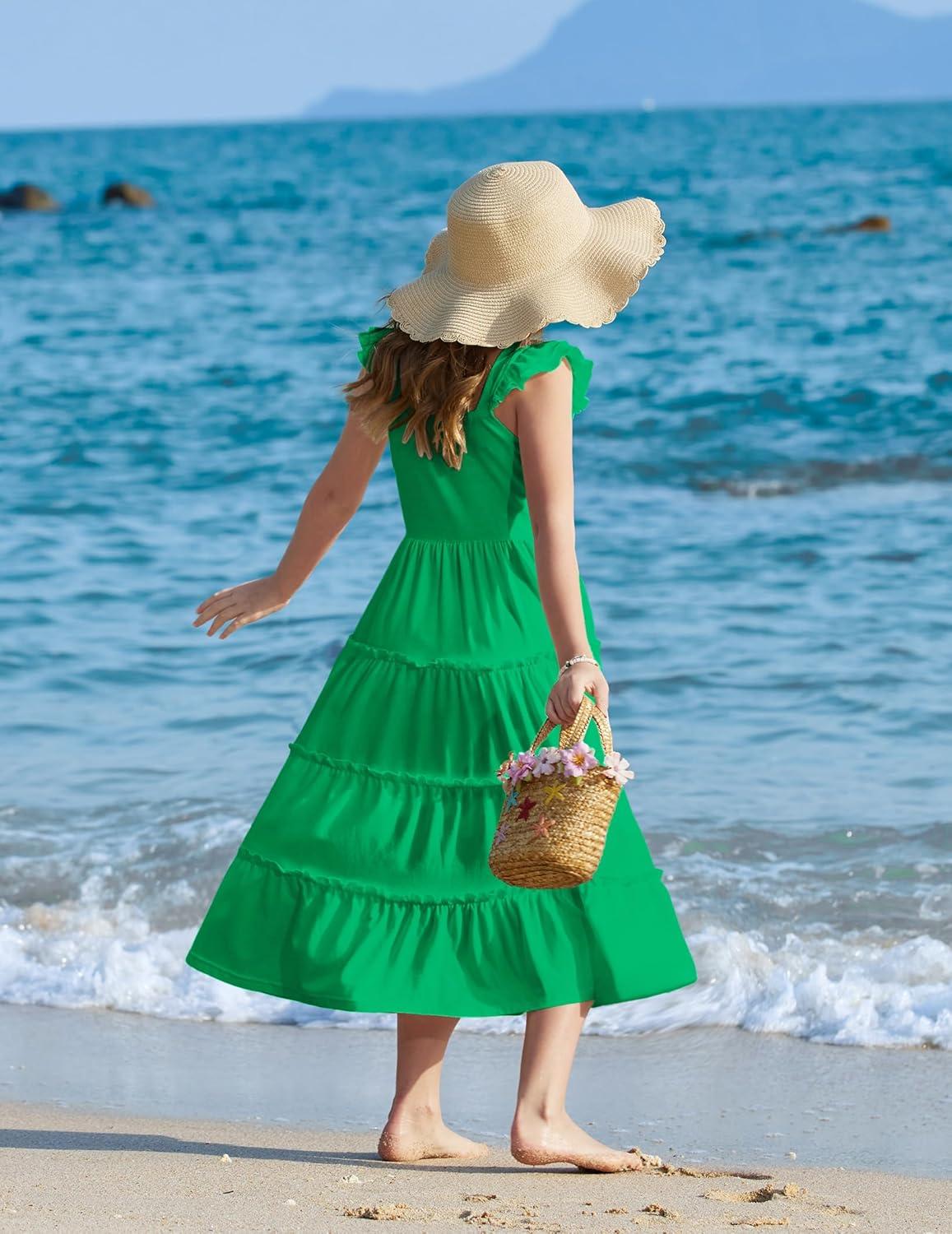image:imageArshiner Girls Maxi Summer Short Flutter Sleeve Casual Dress with Pockets for 414 YGreen