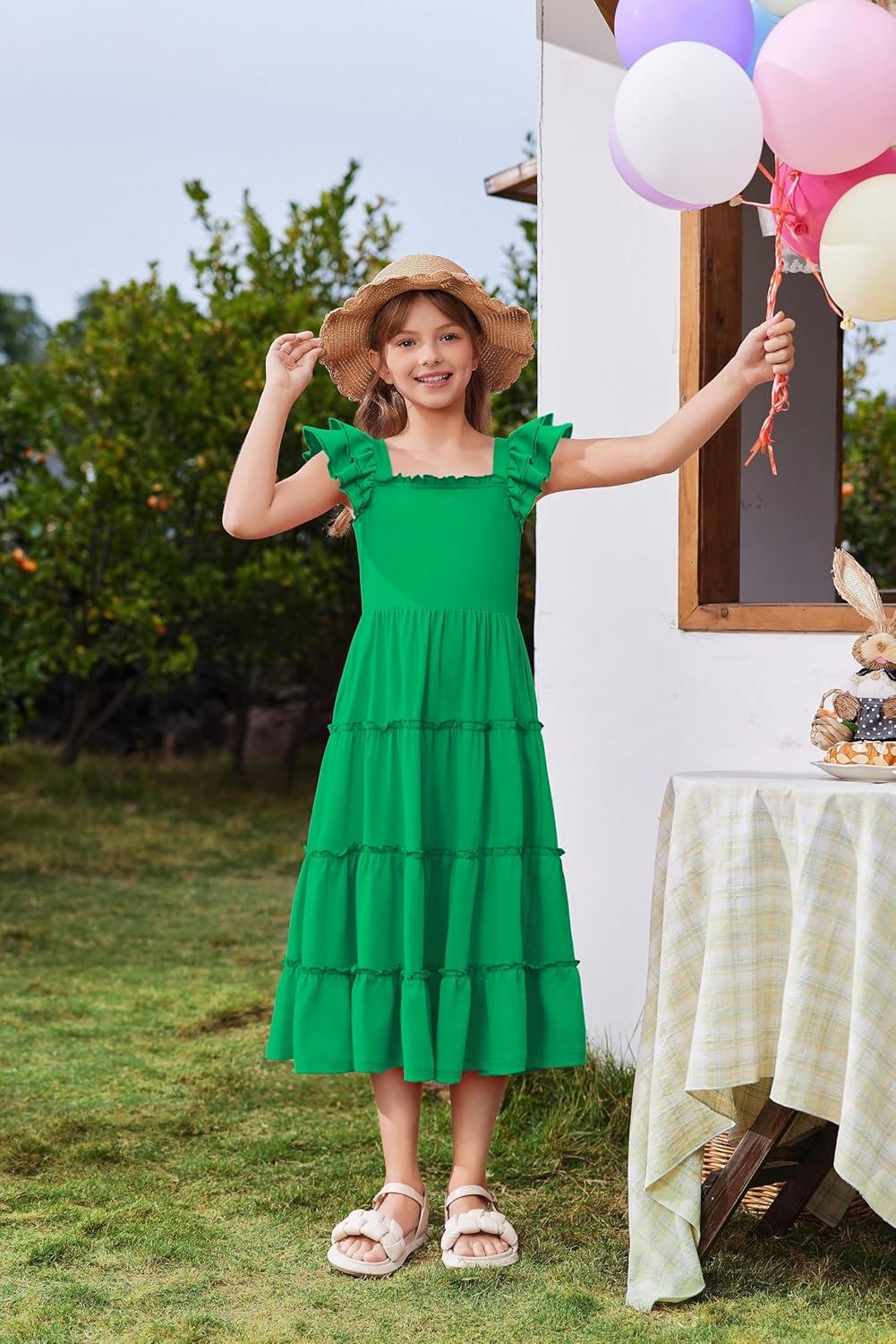 image:imageArshiner Girls Maxi Summer Short Flutter Sleeve Casual Dress with Pockets for 414 YGreen
