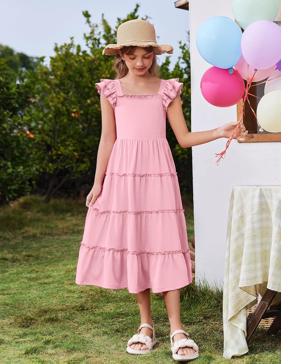 image:imageArshiner Girls Maxi Summer Short Flutter Sleeve Casual Dress with Pockets for 414 YPink