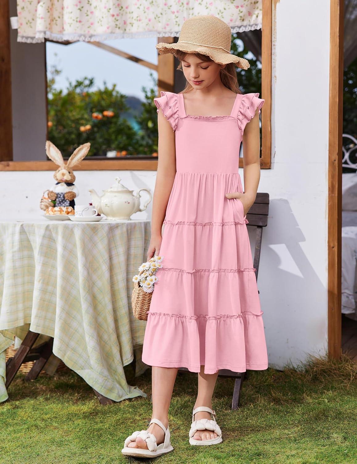 image:imageArshiner Girls Maxi Summer Short Flutter Sleeve Casual Dress with Pockets for 414 YPink