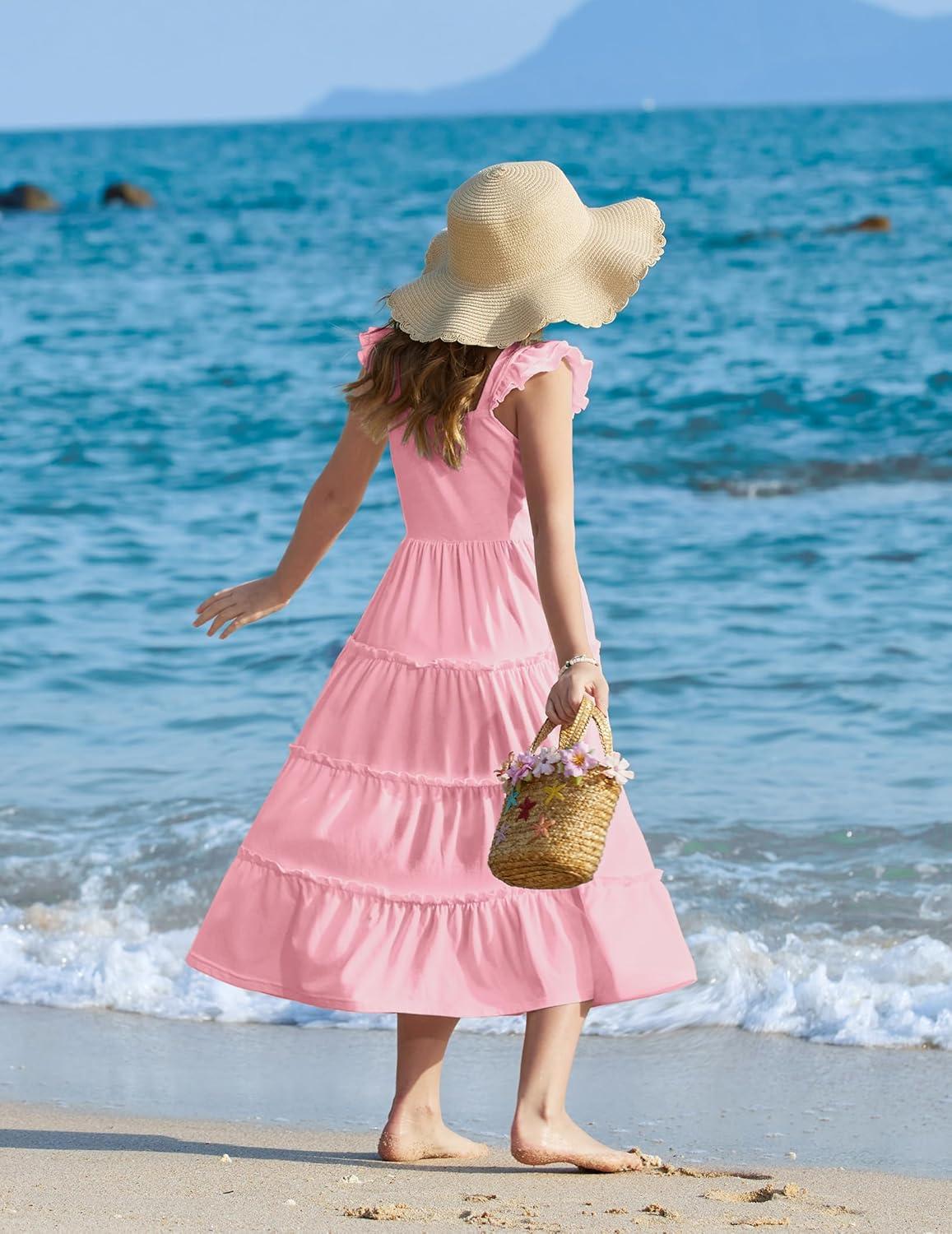 image:imageArshiner Girls Maxi Summer Short Flutter Sleeve Casual Dress with Pockets for 414 YPink