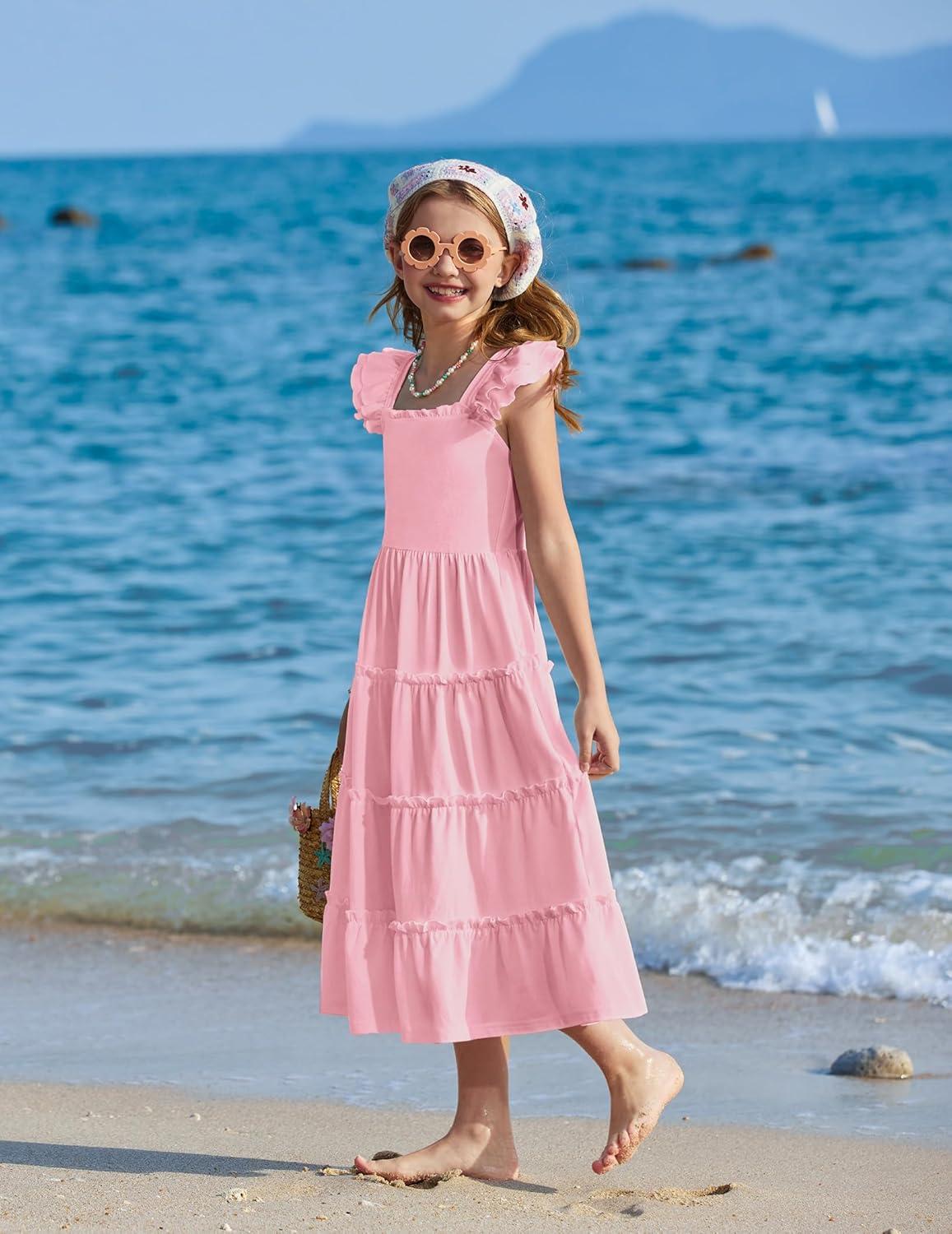 image:imageArshiner Girls Maxi Summer Short Flutter Sleeve Casual Dress with Pockets for 414 YPink
