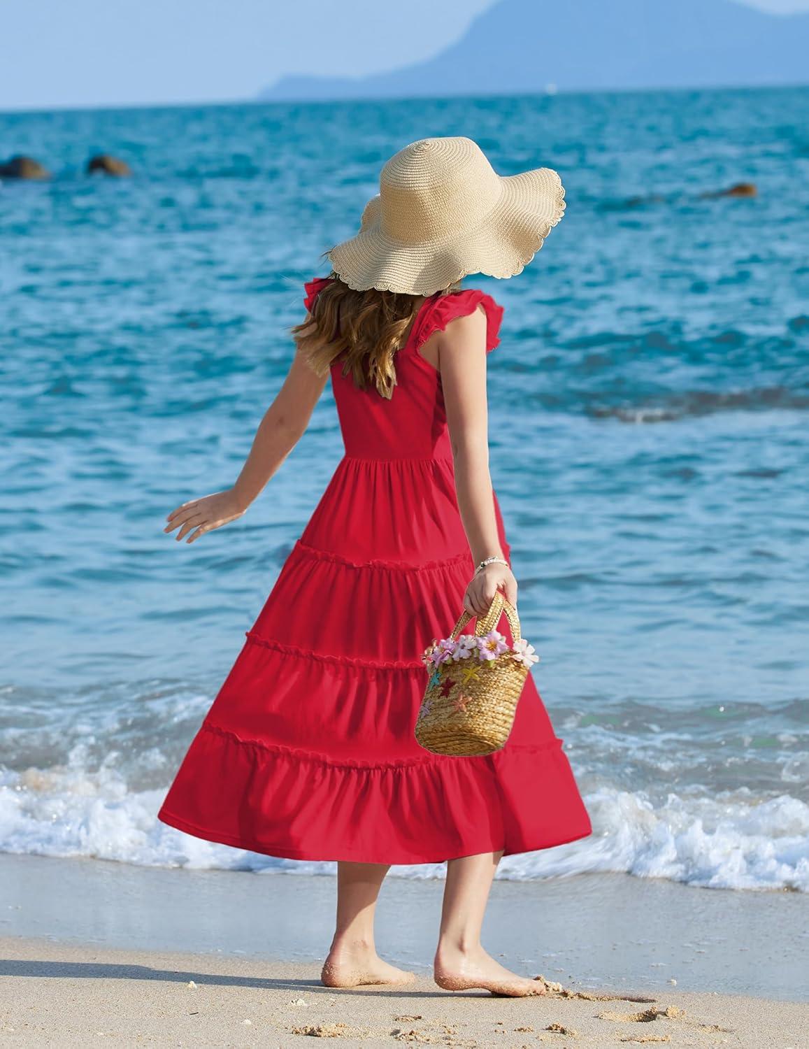 image:imageArshiner Girls Maxi Summer Short Flutter Sleeve Casual Dress with Pockets for 414 YRed