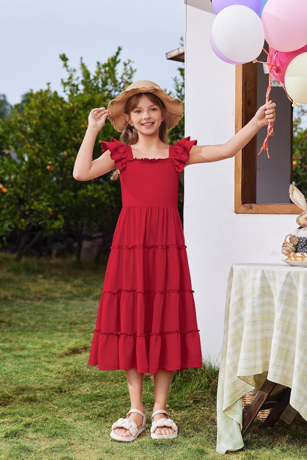 image:imageArshiner Girls Maxi Summer Short Flutter Sleeve Casual Dress with Pockets for 414 YRed