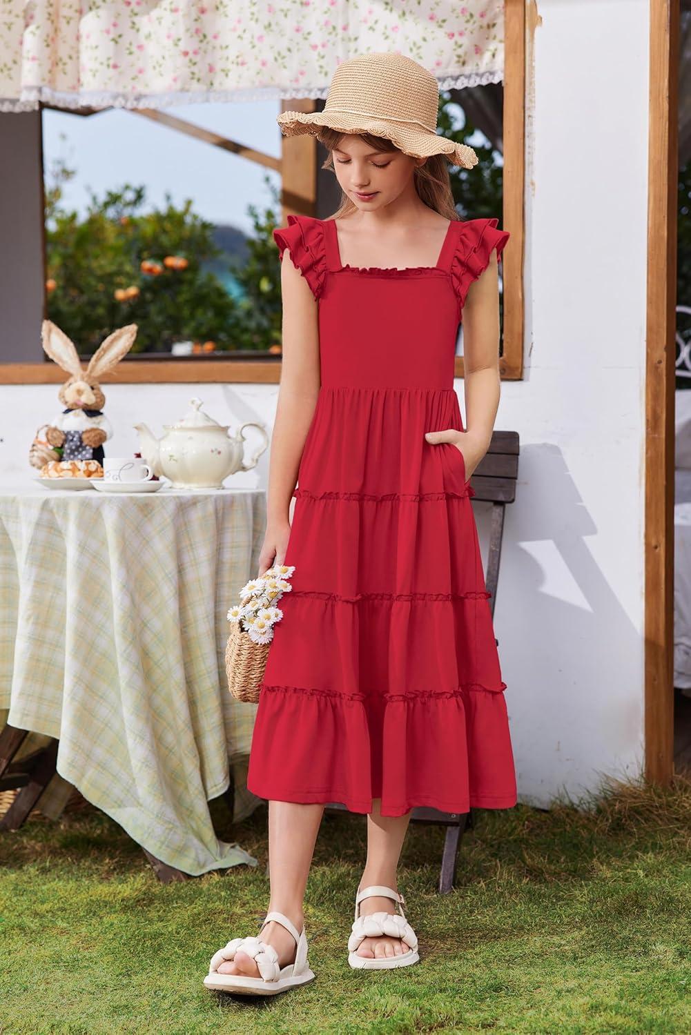 image:imageArshiner Girls Maxi Summer Short Flutter Sleeve Casual Dress with Pockets for 414 YRed