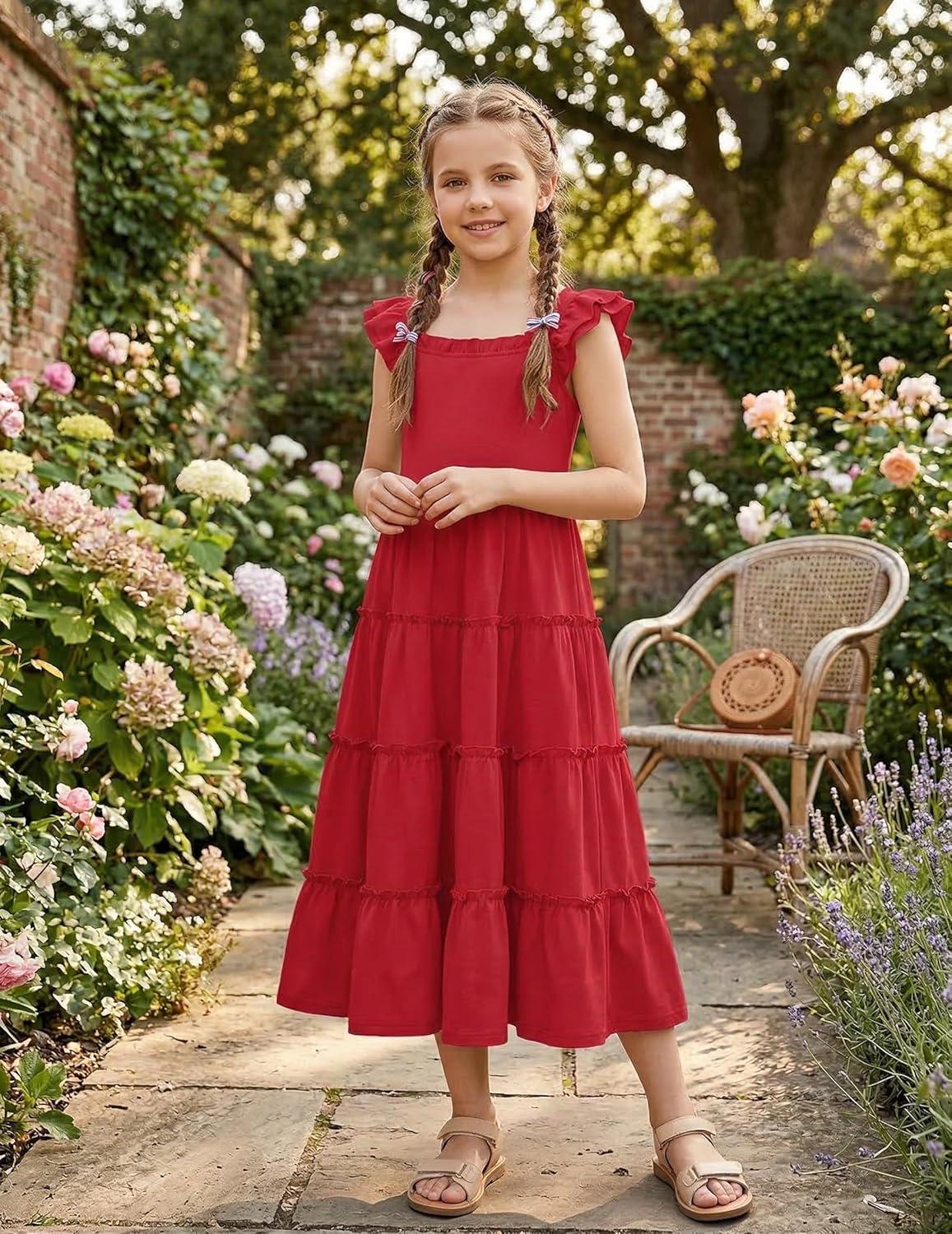image:imageArshiner Girls Maxi Summer Short Flutter Sleeve Casual Dress with Pockets for 414 YRed