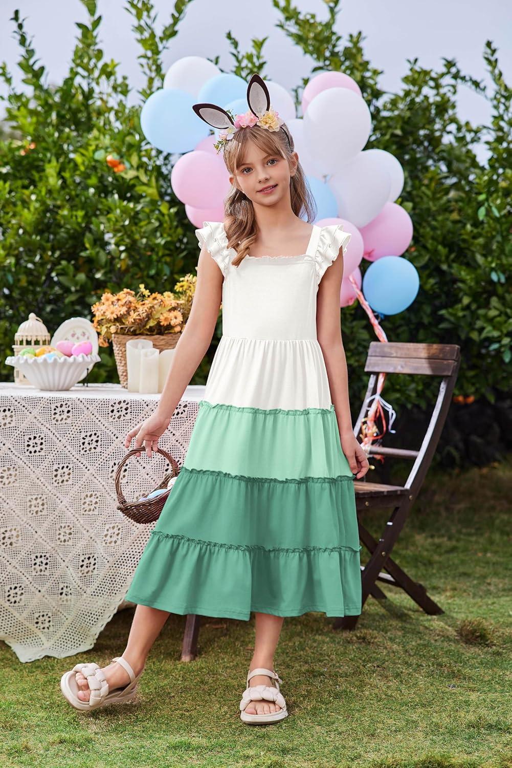 image:imageArshiner Girls Maxi Summer Short Flutter Sleeve Casual Dress with Pockets for 414 YWhite Light Green