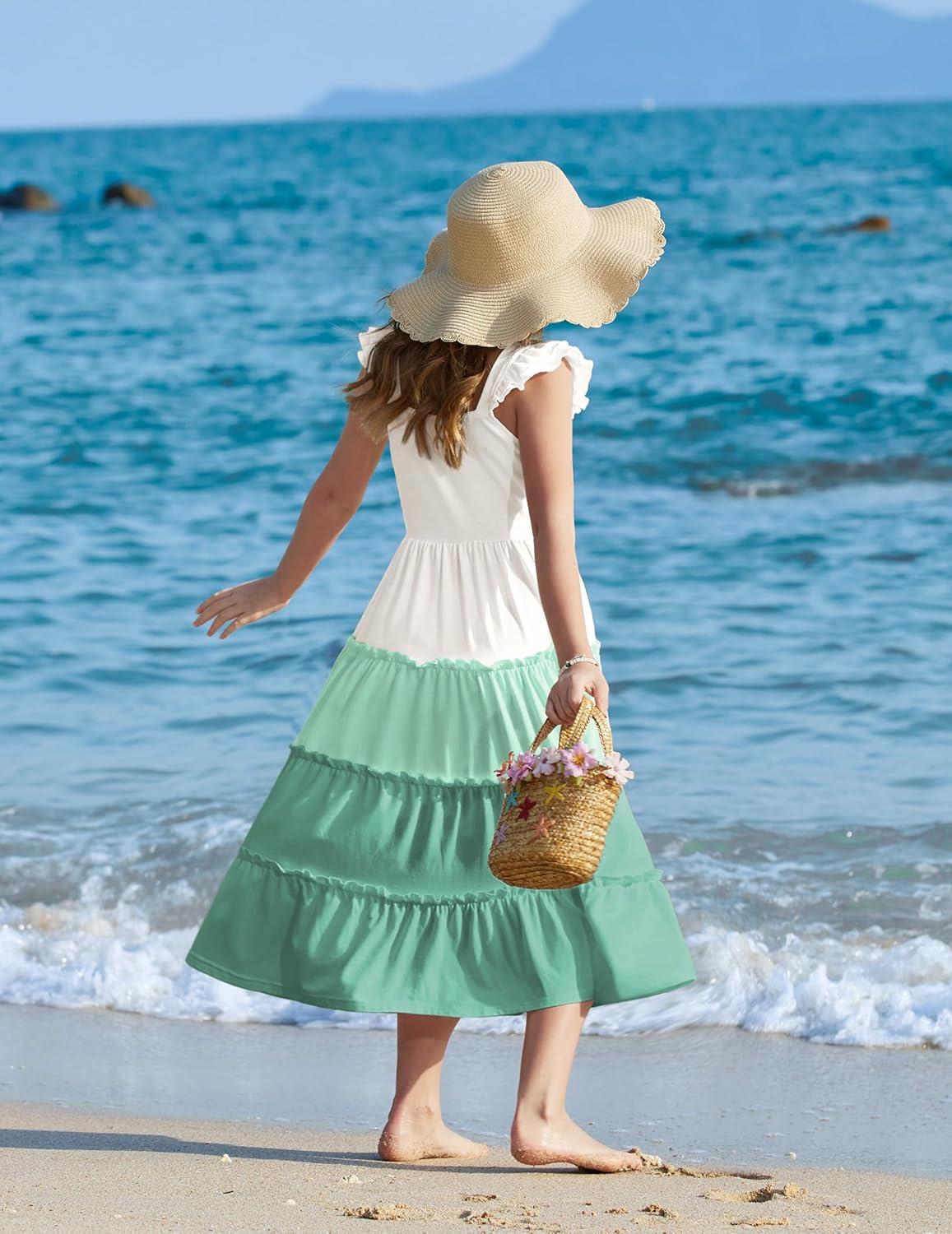 image:imageArshiner Girls Maxi Summer Short Flutter Sleeve Casual Dress with Pockets for 414 YWhite Light Green