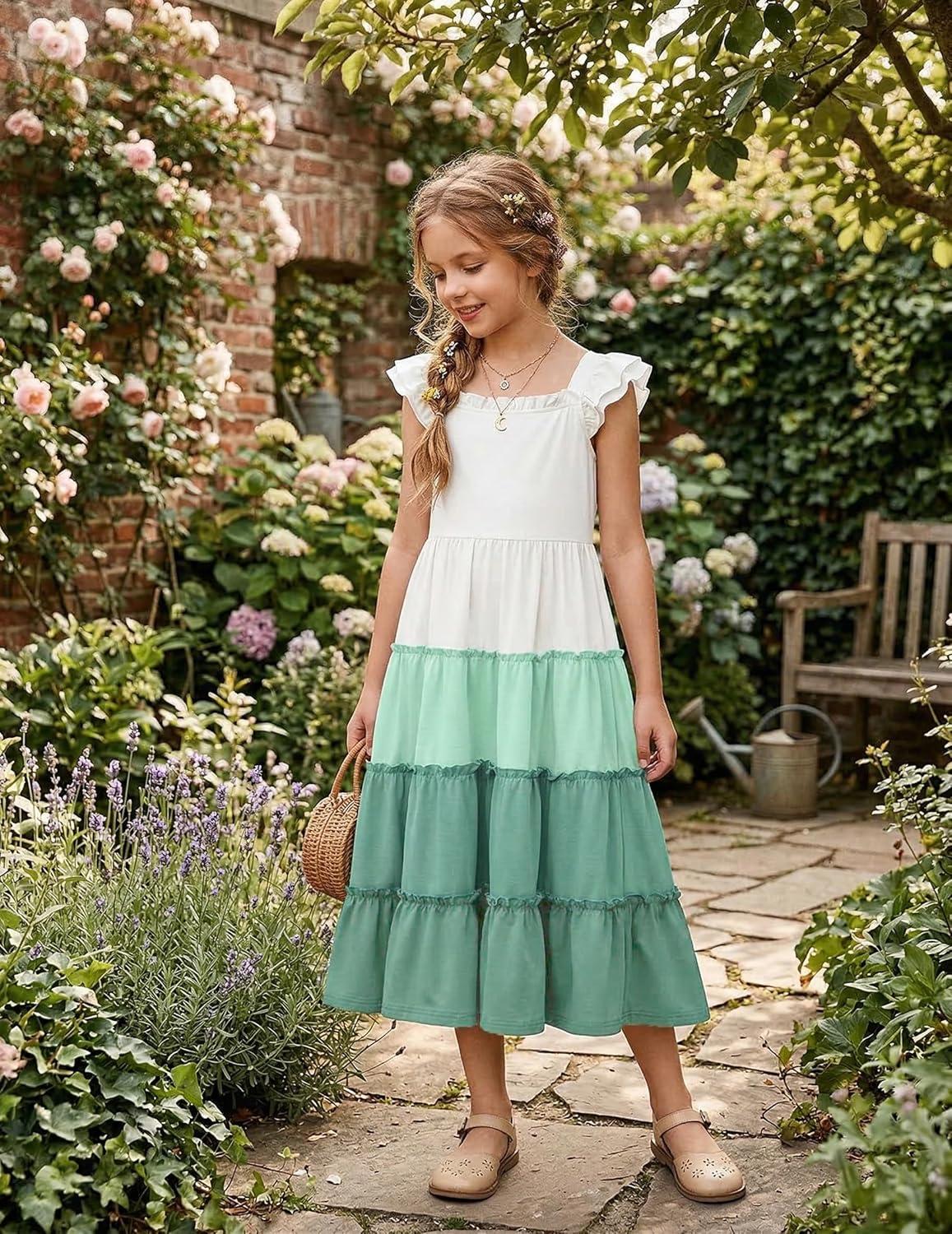 image:imageArshiner Girls Maxi Summer Short Flutter Sleeve Casual Dress with Pockets for 414 YWhite Light Green