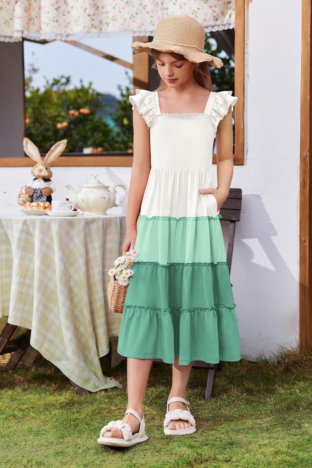 image:imageArshiner Girls Maxi Summer Short Flutter Sleeve Casual Dress with Pockets for 414 YWhite Light Green