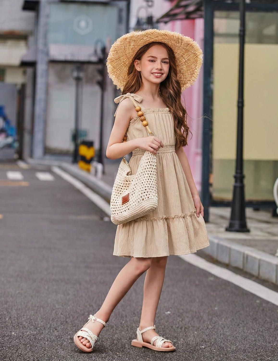 image:imageArshiner Girls Summer Dress BowTie Straps Sleeveless Flowy Ruffle Trim Boho Beach Casual SundressBeige