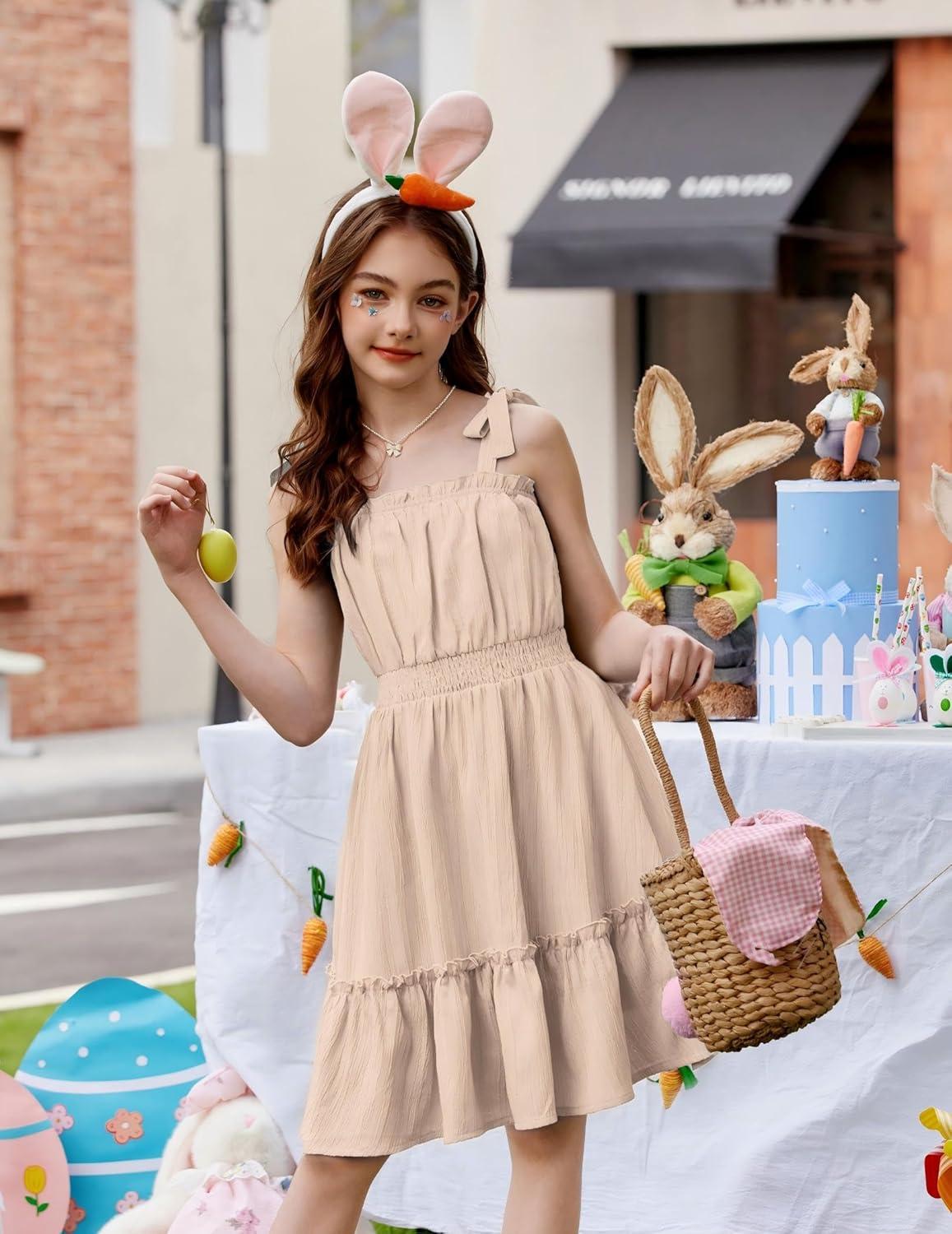 image:imageArshiner Girls Summer Dress BowTie Straps Sleeveless Flowy Ruffle Trim Boho Beach Casual SundressBeige