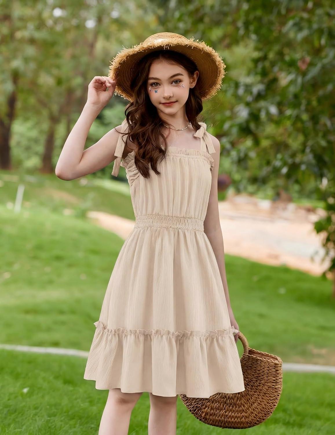 image:imageArshiner Girls Summer Dress BowTie Straps Sleeveless Flowy Ruffle Trim Boho Beach Casual SundressBeige