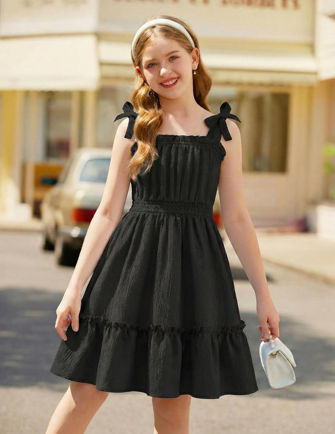 image:imageArshiner Girls Summer Dress BowTie Straps Sleeveless Flowy Ruffle Trim Boho Beach Casual SundressBlack
