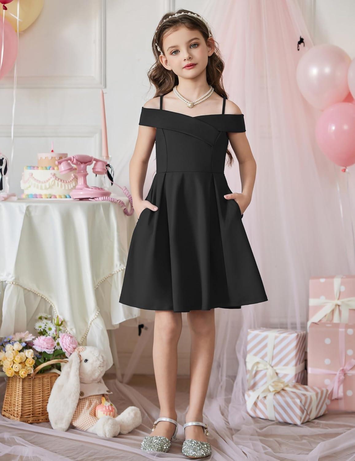 image:imageArshiner Girls Summer Dress Off Shoulder Fold Pleated Formal Elegant ALine Party Dresses with PocketBlack