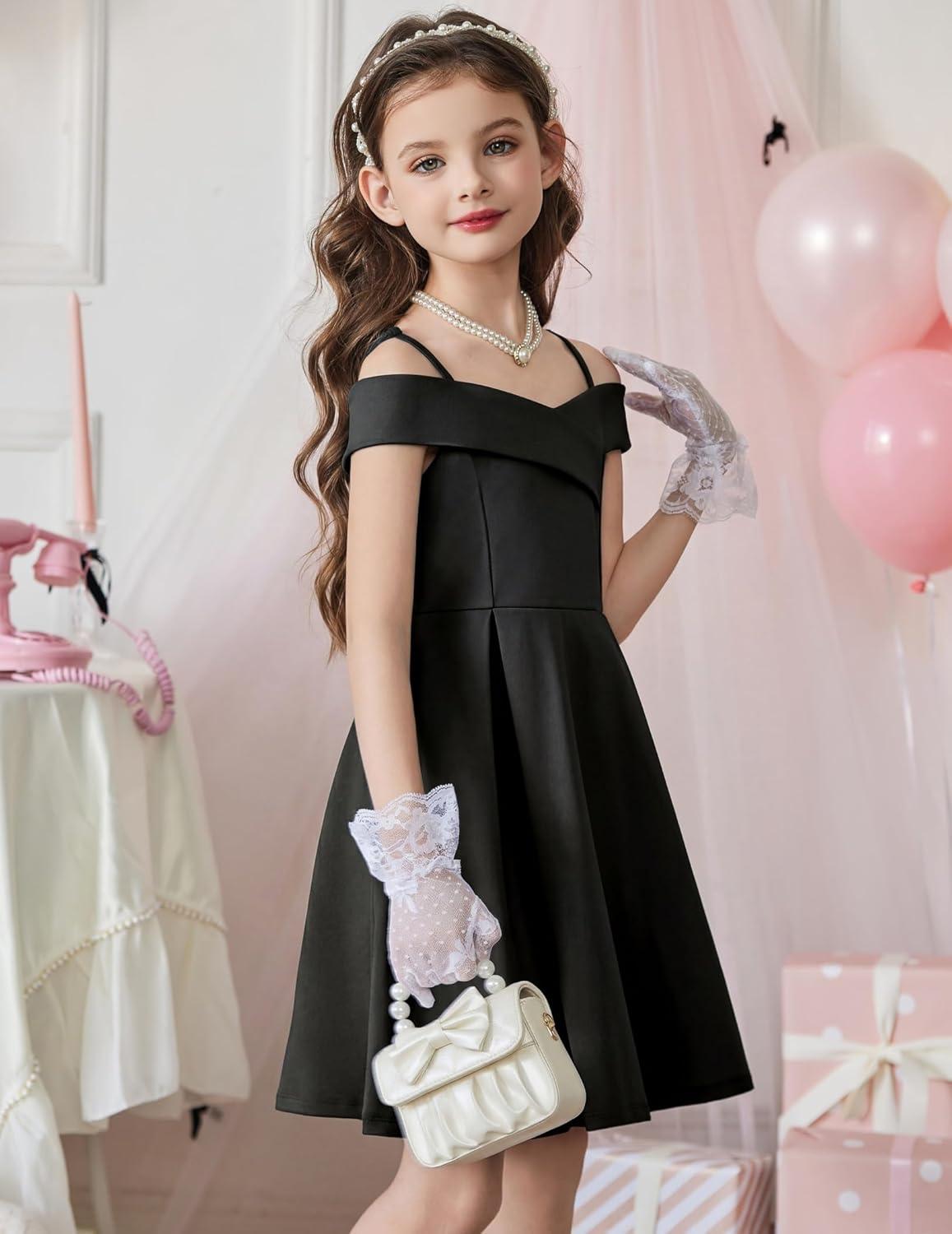 image:imageArshiner Girls Summer Dress Off Shoulder Fold Pleated Formal Elegant ALine Party Dresses with PocketBlack