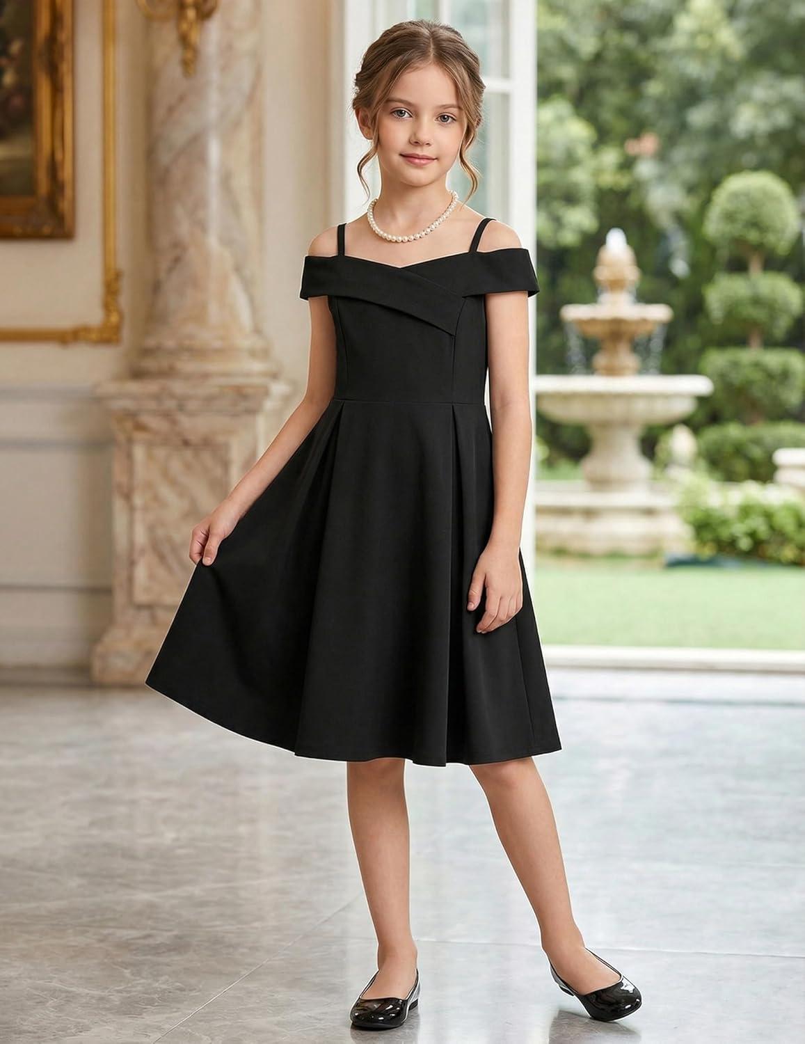 image:imageArshiner Girls Summer Dress Off Shoulder Fold Pleated Formal Elegant ALine Party Dresses with PocketBlack