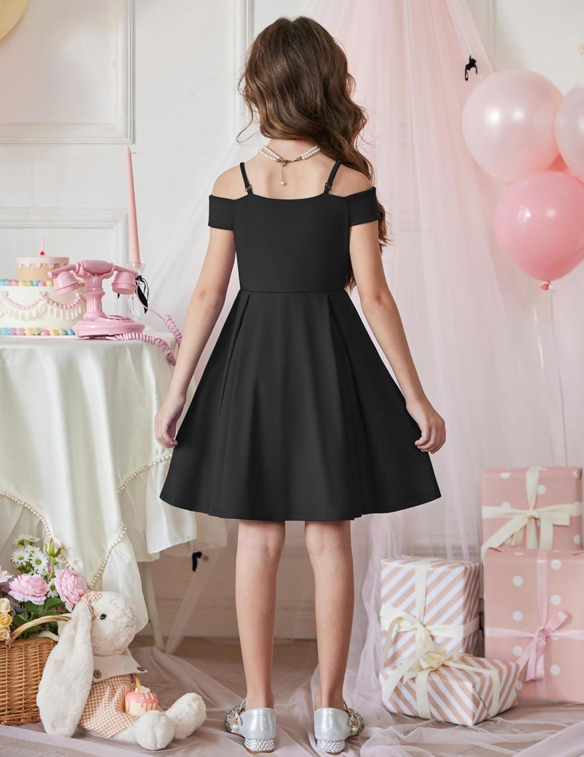 image:imageArshiner Girls Summer Dress Off Shoulder Fold Pleated Formal Elegant ALine Party Dresses with PocketBlack