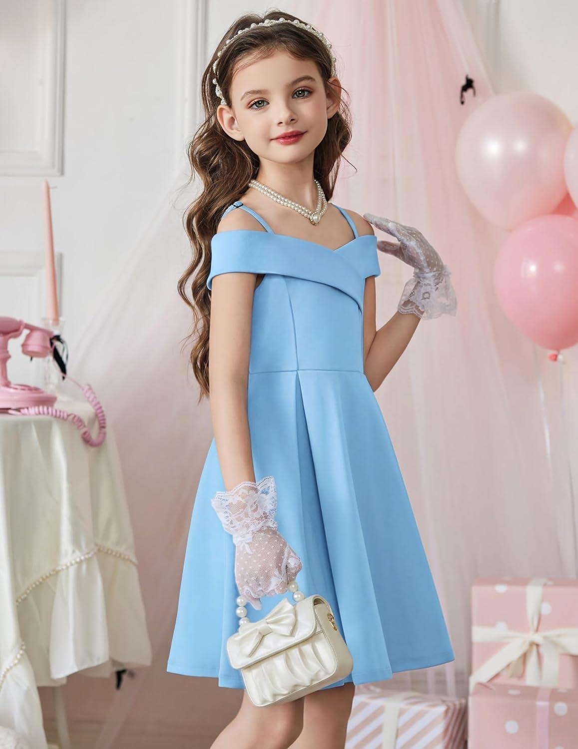 image:imageArshiner Girls Summer Dress Off Shoulder Fold Pleated Formal Elegant ALine Party Dresses with PocketBlue