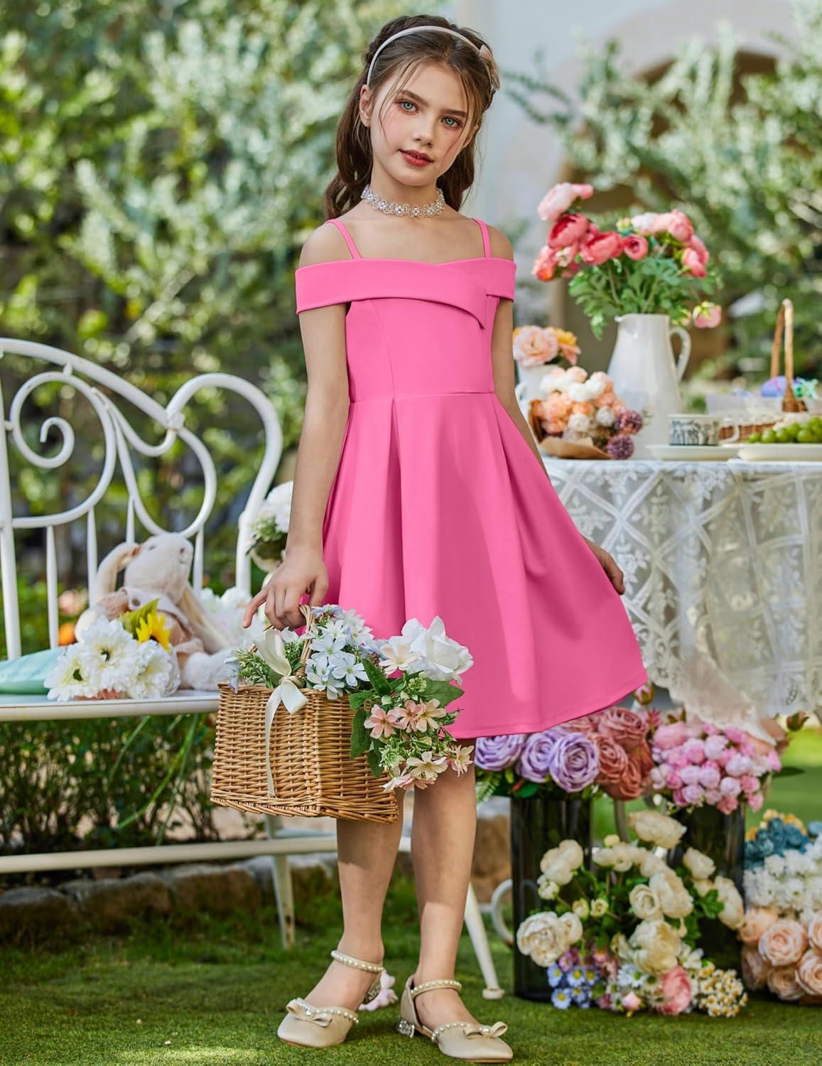 image:imageArshiner Girls Summer Dress Off Shoulder Fold Pleated Formal Elegant ALine Party Dresses with PocketHot Pink