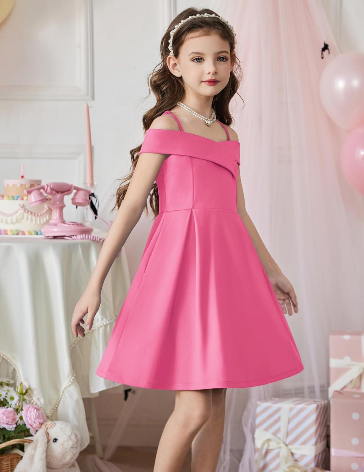 image:imageArshiner Girls Summer Dress Off Shoulder Fold Pleated Formal Elegant ALine Party Dresses with PocketHot Pink