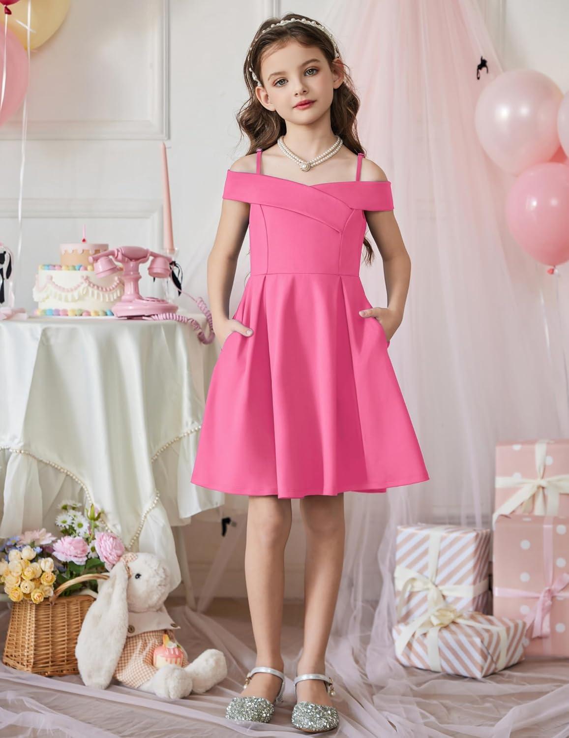 image:imageArshiner Girls Summer Dress Off Shoulder Fold Pleated Formal Elegant ALine Party Dresses with PocketHot Pink