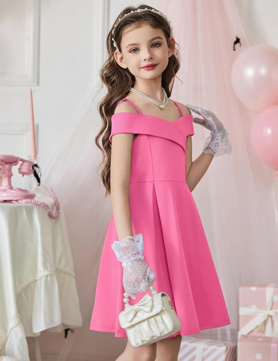 image:imageArshiner Girls Summer Dress Off Shoulder Fold Pleated Formal Elegant ALine Party Dresses with PocketHot Pink