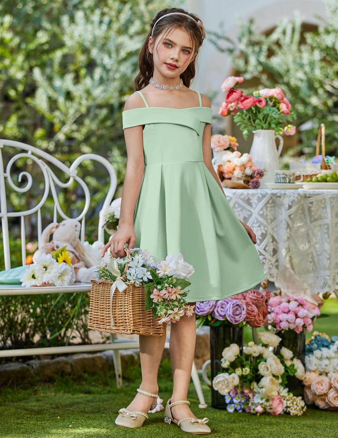 image:imageArshiner Girls Summer Dress Off Shoulder Fold Pleated Formal Elegant ALine Party Dresses with PocketLight Green