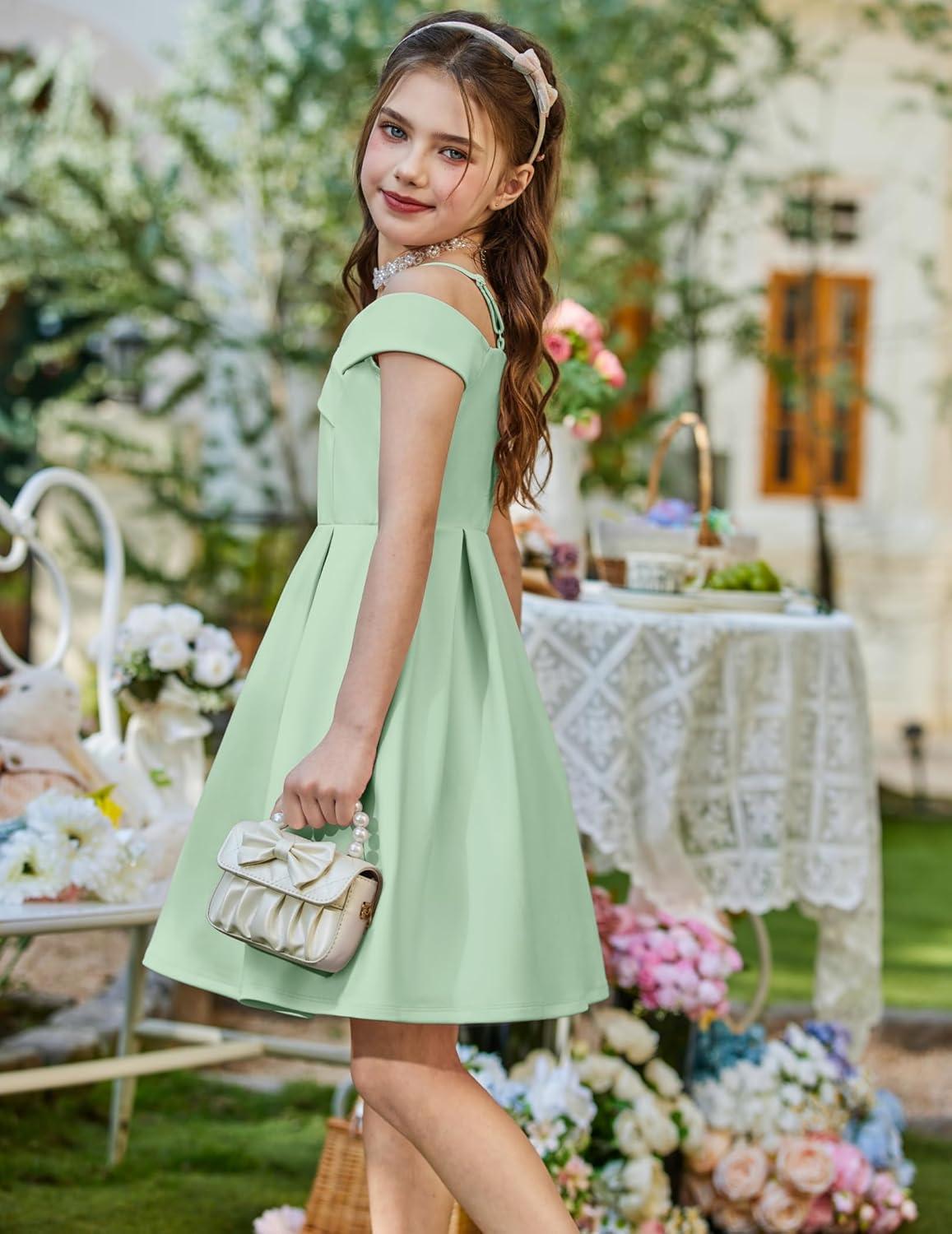 image:imageArshiner Girls Summer Dress Off Shoulder Fold Pleated Formal Elegant ALine Party Dresses with PocketLight Green