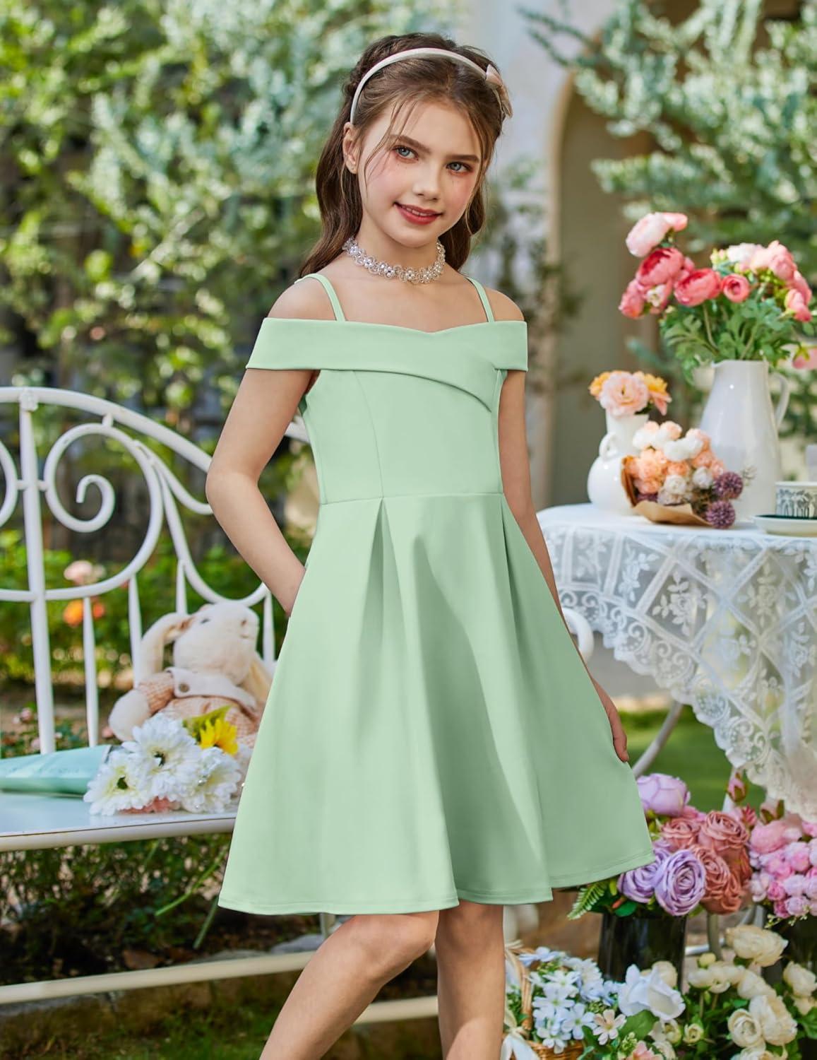 image:imageArshiner Girls Summer Dress Off Shoulder Fold Pleated Formal Elegant ALine Party Dresses with PocketLight Green