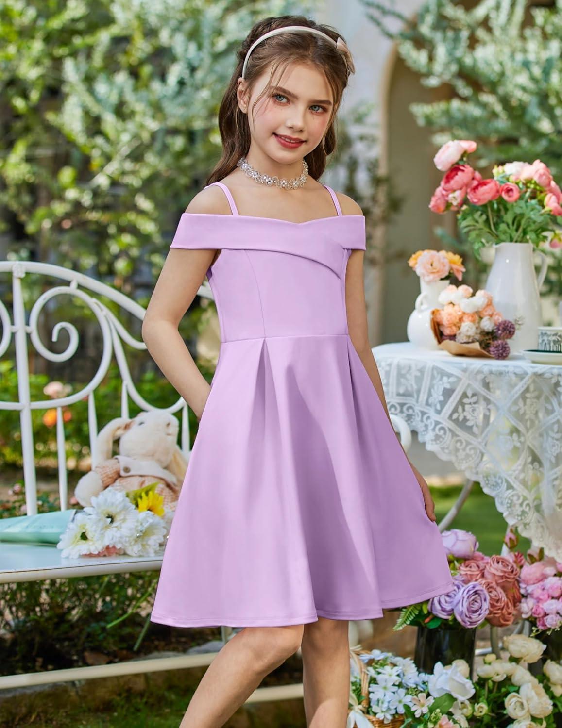 image:imageArshiner Girls Summer Dress Off Shoulder Fold Pleated Formal Elegant ALine Party Dresses with PocketPurple