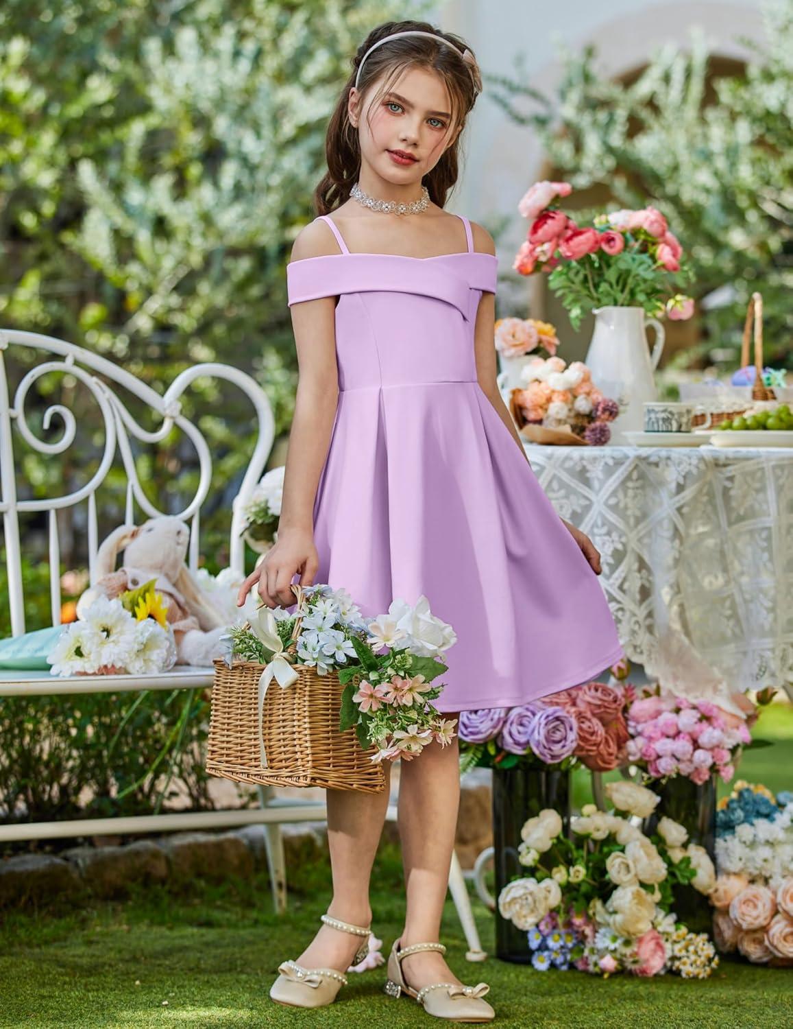 image:imageArshiner Girls Summer Dress Off Shoulder Fold Pleated Formal Elegant ALine Party Dresses with PocketPurple