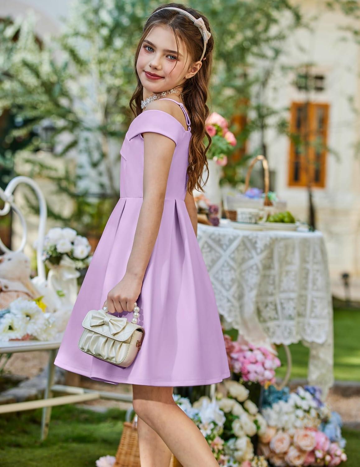 image:imageArshiner Girls Summer Dress Off Shoulder Fold Pleated Formal Elegant ALine Party Dresses with PocketPurple