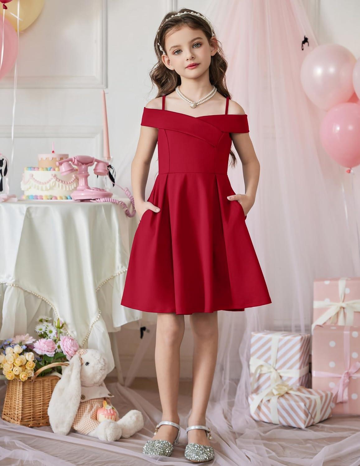 image:imageArshiner Girls Summer Dress Off Shoulder Fold Pleated Formal Elegant ALine Party Dresses with PocketRed