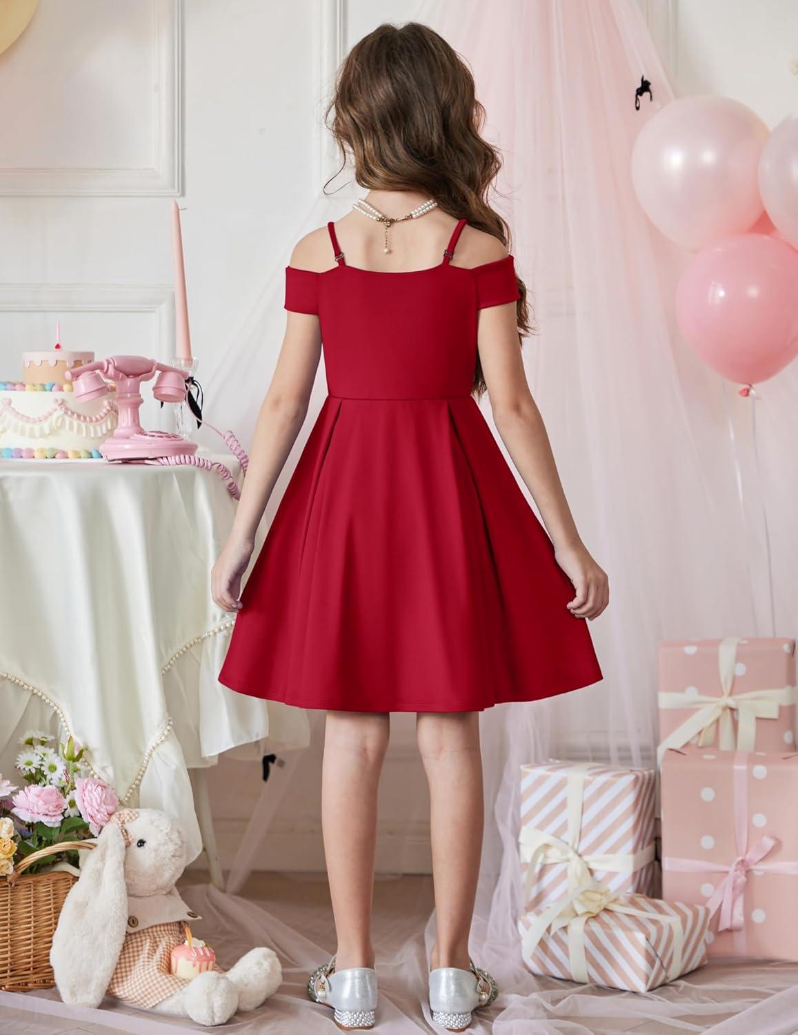 image:imageArshiner Girls Summer Dress Off Shoulder Fold Pleated Formal Elegant ALine Party Dresses with PocketRed