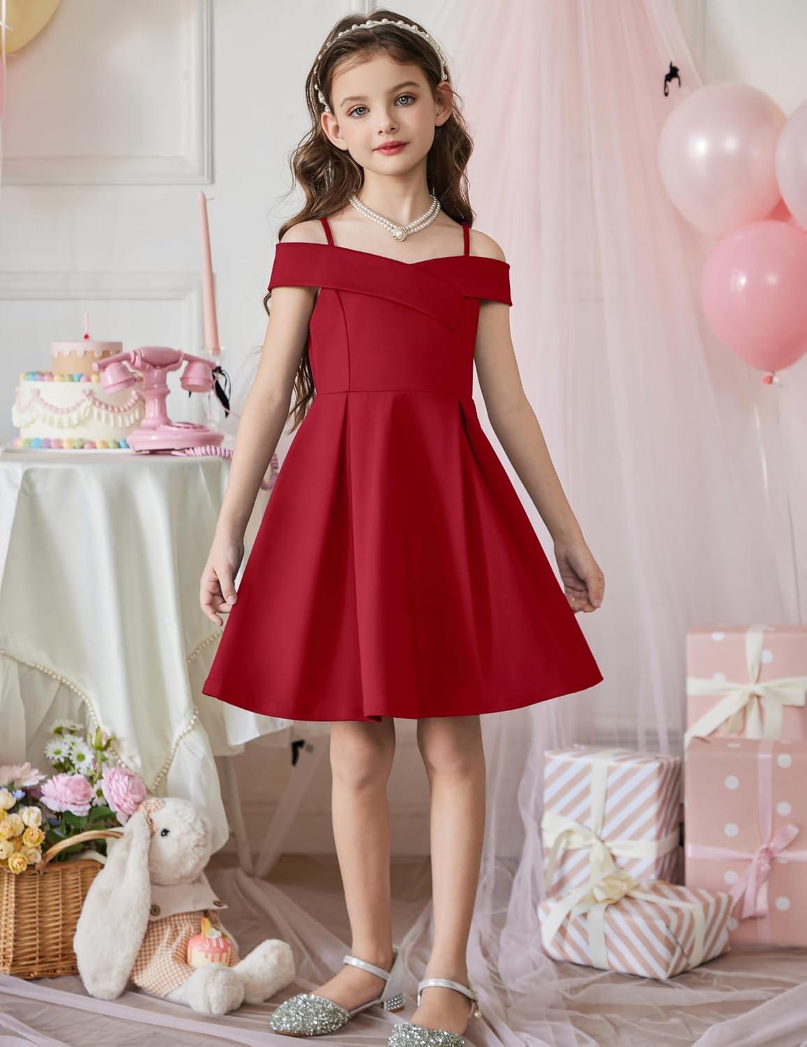 image:imageArshiner Girls Summer Dress Off Shoulder Fold Pleated Formal Elegant ALine Party Dresses with PocketRed